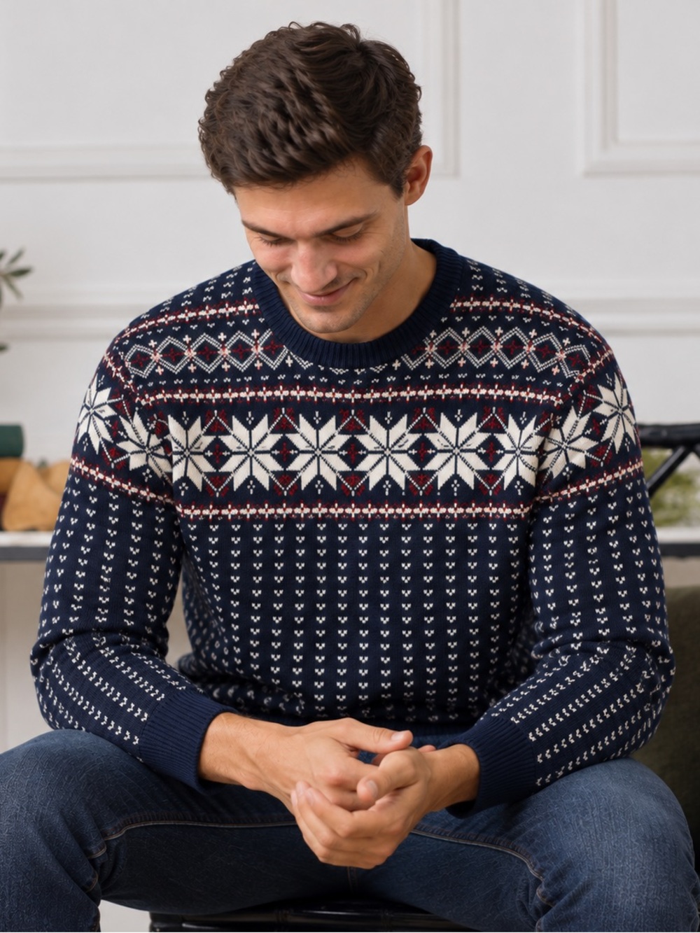 J.Crew Factory Cotton Fair Isle Nordic Sweater Navy Red White M